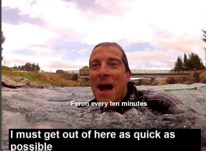 Bear Grylls, a middle aged white man, is labelled 'Feron every ten minutes', he is struggling in rapids with a subtitle caption reading 'I must get out of here as quick as possible'