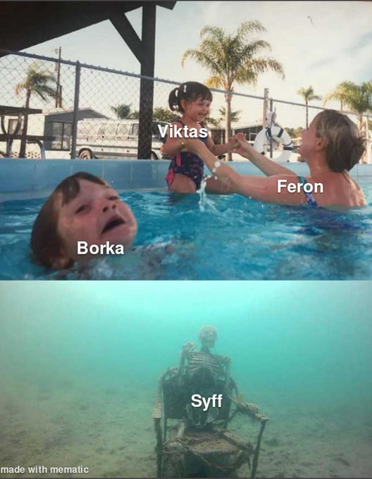a woman labelled 'feron' plays with a child labelled 'Viktas' whilst another child labelled 'borka' drowns, a skeleton is already at the bottom of the ocean labelled 'syff'