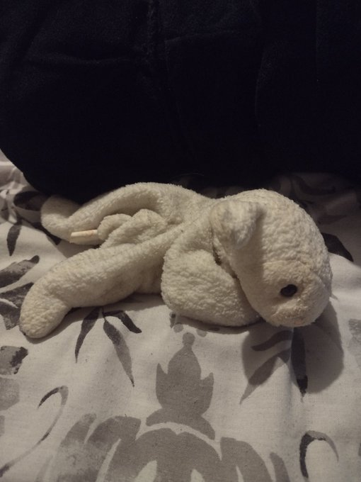 a picture of a well-love to the point of destruction sheep plushie