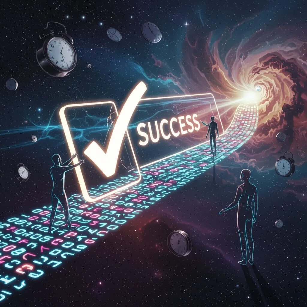 A surreal cosmic digital artwork of a glowing binary timeline stretching across space into a vortex of light. Figures stand along the path as one pushes a giant illuminated checkmark box labeled SUCCESS forward. Clocks float all around in the starry void, symbolizing time travel and verification across past and future.