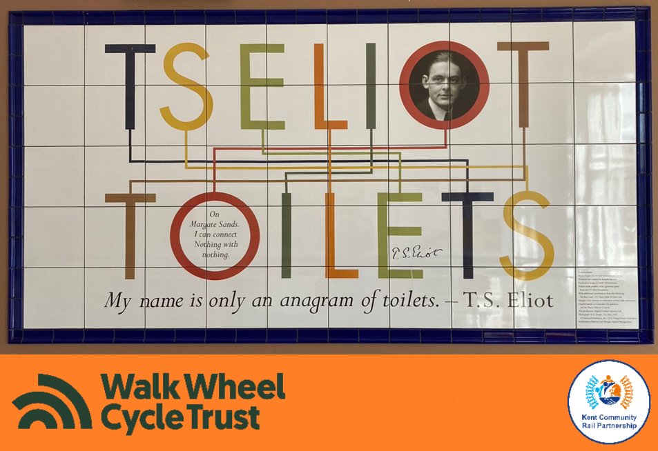 A tiled wall panel with letters in various colours. The top row spells "T S Eliot", lines connect each letters to its counterpart in the bottom row "Toilets" - "My name is only an anagram of Toilets - T S Eliot "