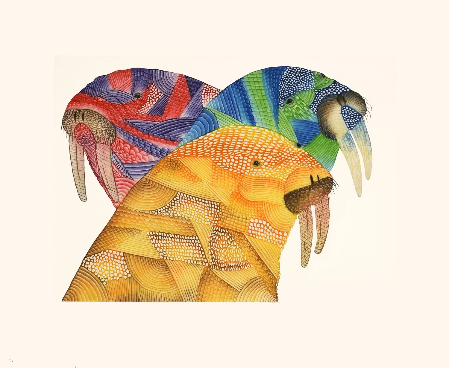 illustration of a trio of colorful, patterned walrus heads clustered together on plain white background: red/purple facing left @ top left, green/blue facing right @ top right, yellow/orange facing right @ bottom center