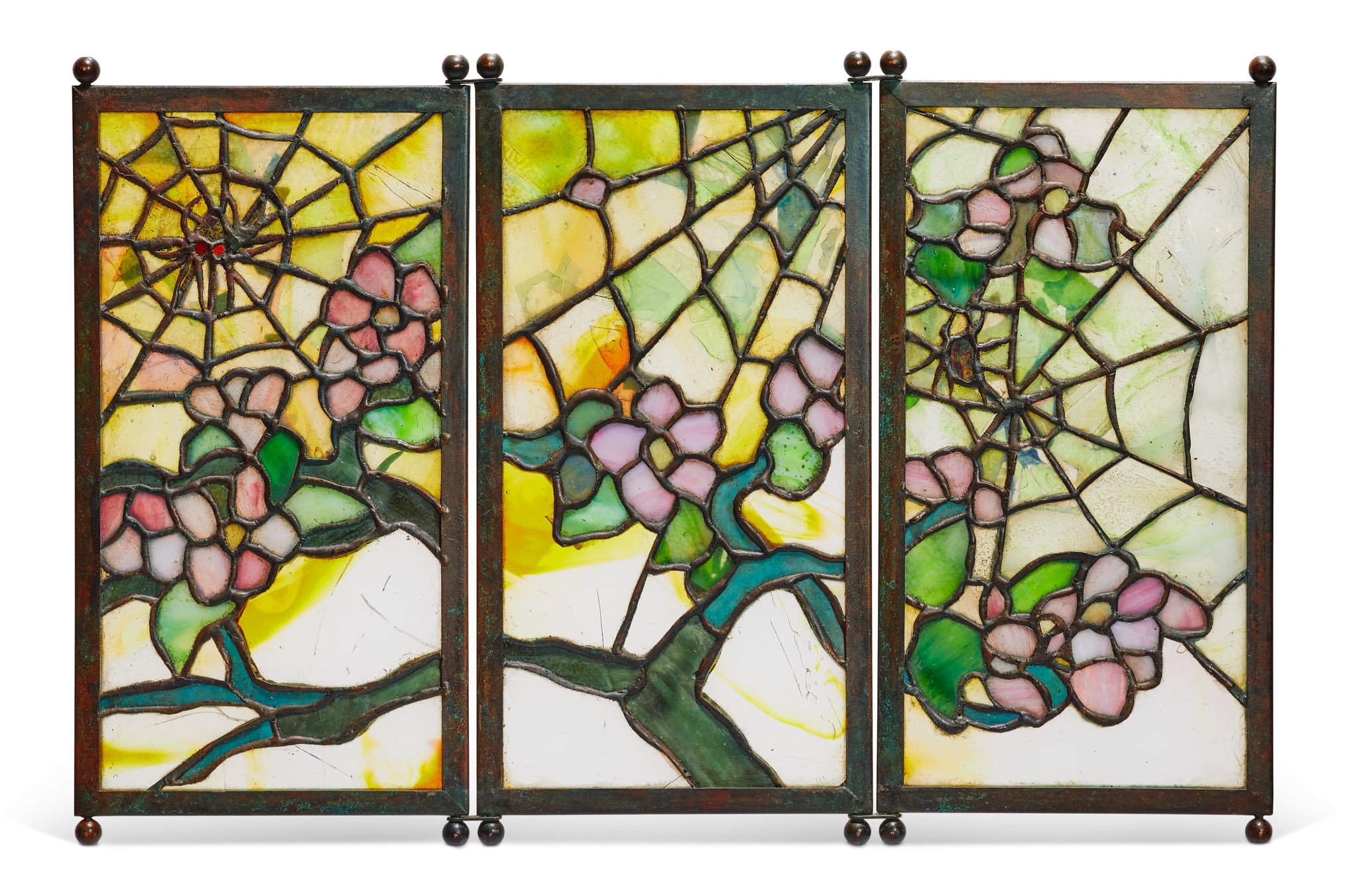 official auction photo, front profile on white background, screen fully open in rectangular form 

three-panel screen featuring pink blooming apple tree blossoms with spider webs strung across branches, two small spiders visible on webs (one each on left and right panel)