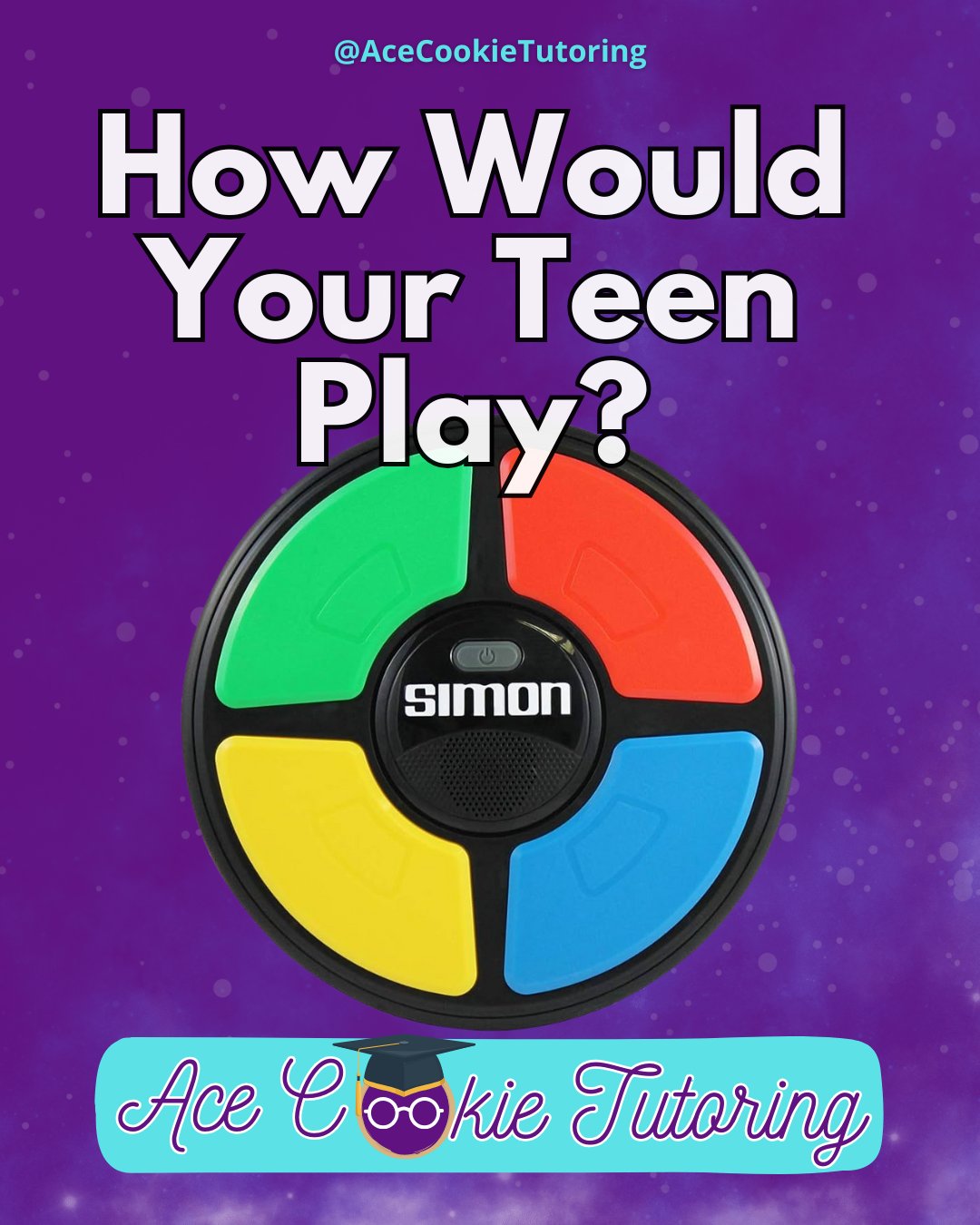 Simon. When I mention that game, what do you immediately think of?
✅The colors?
✅The sounds?
✅Or pressing the buttons?
If you're visual like me, it's all about the colors and trying to remember how many there were... (and the stress of the order!)
If you're auditory, you're thinking about the different tones that went with the colors (or even the fact that different buttons made different sounds - just like on a phone!)
Or if you're kinesthetic, you remember it was a handheld game that required you to press buttons in a certain order...
Your teen is the same way. Whatever the game, whatever the study tool, your teen is going to gravitate to whatever comes naturally to her.
The problems start when the assignment or the tool seems to only "fit" one learning style...
That's where study skills come in. I can teach your teen how to adapt using The NERDY Method.
Say "talk" below if you'd like to schedule a free consultation and learn more.
#LoveToLearn #momsofteens #parentingteen