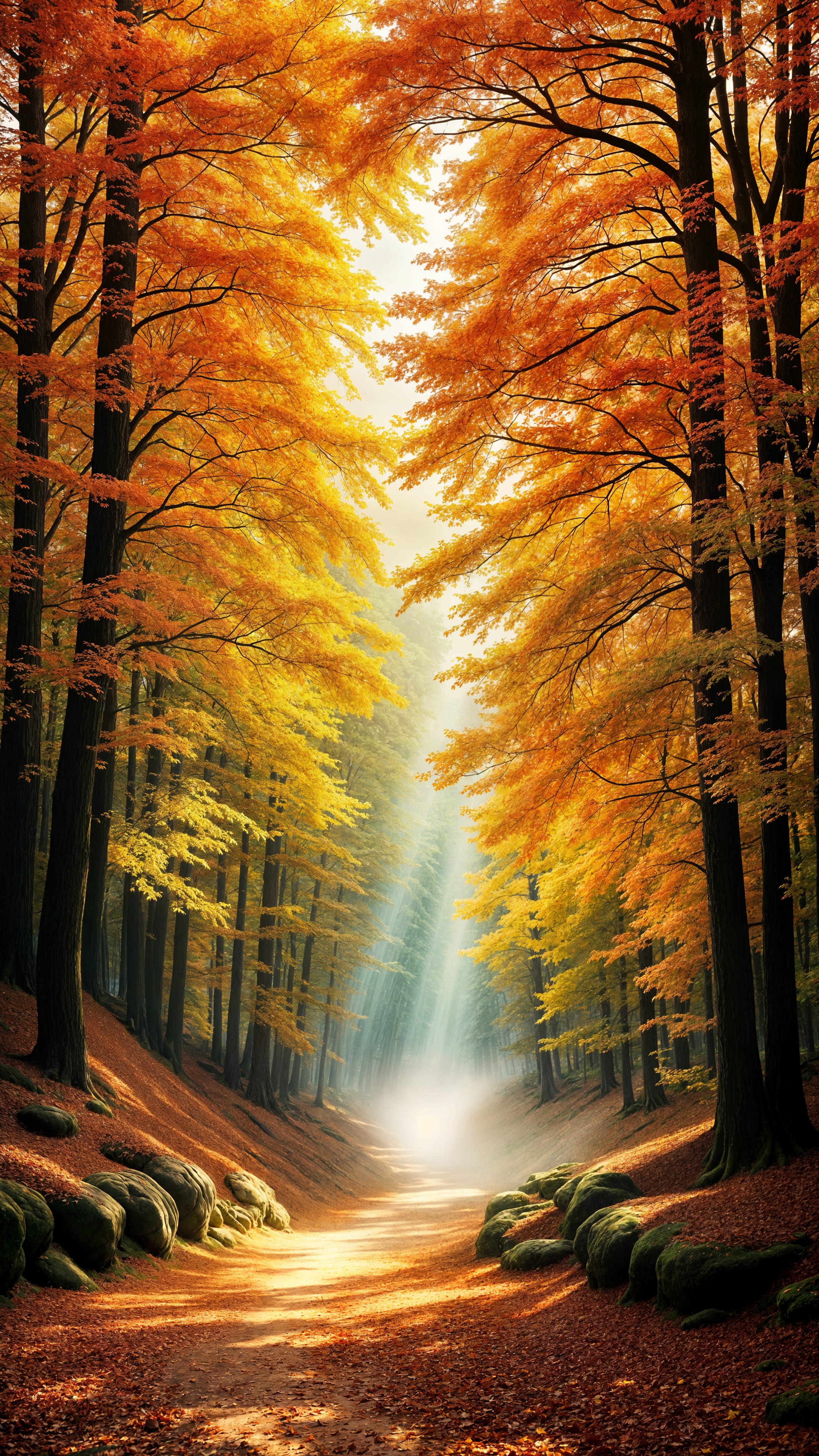 A sunlit forest path surrounded by vibrant orange and yellow foliage, with rays of light piercing through the trees.