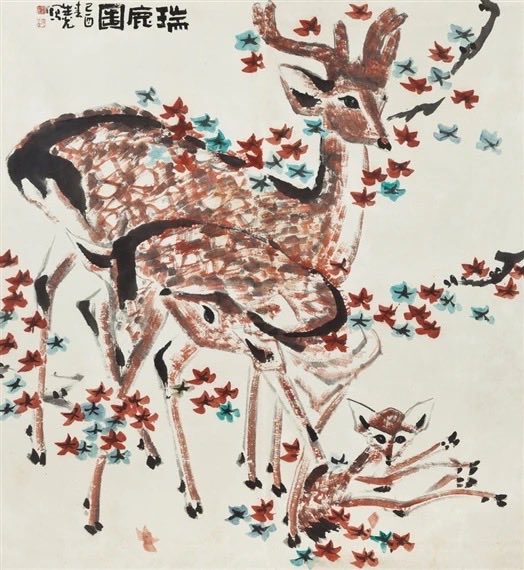 Illustration of a trio of deer, one standing adult (presumably the mother) in side profile, one yearling standing in front of her grooming its hind leg, and one fawn sprawled out on ground to their right, amongst scattered green and red foliage on off-white background, with seal and signature top left