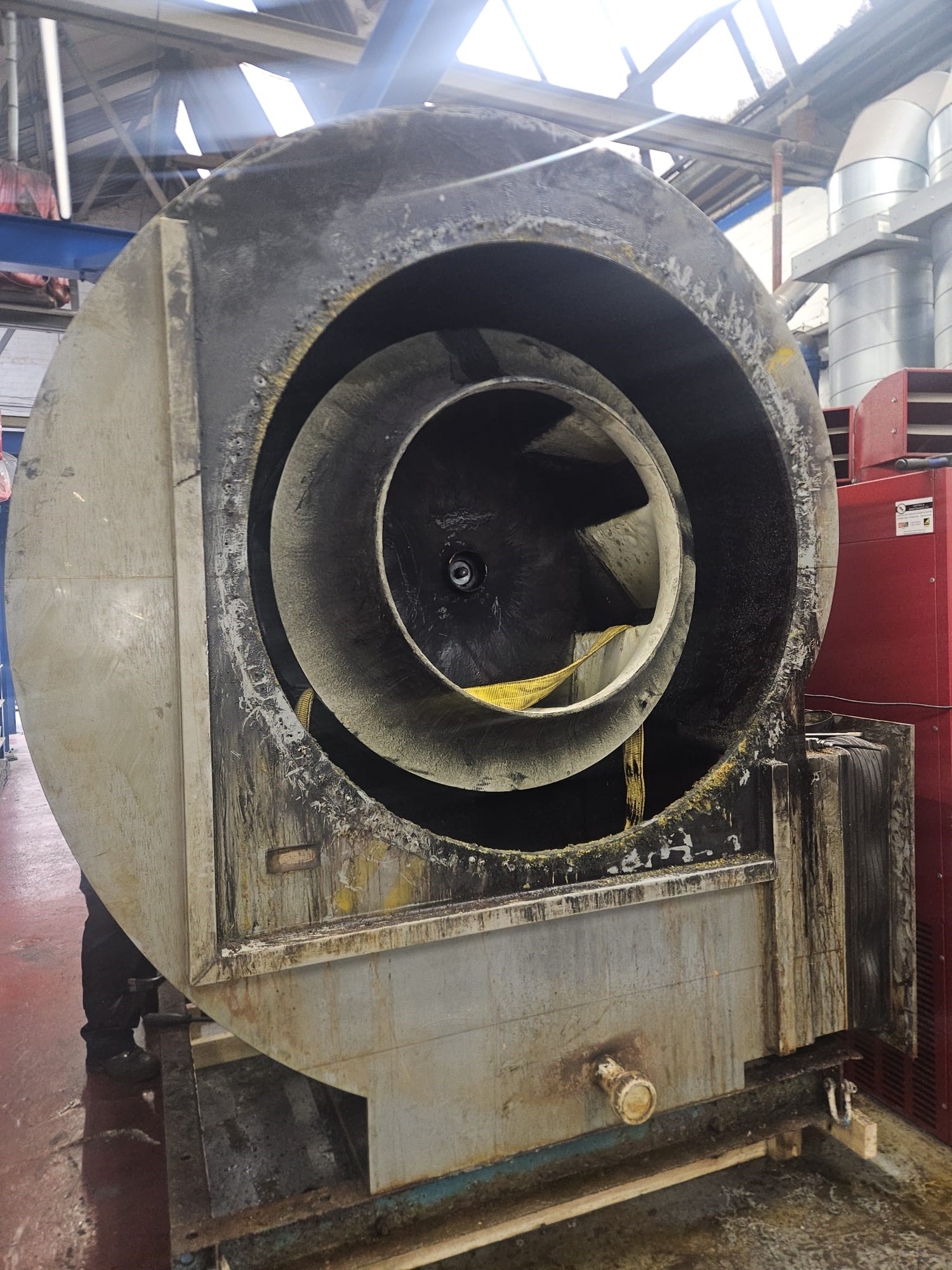 Large extraction fan being dismantled and repaired at Webb-Elec Limited.