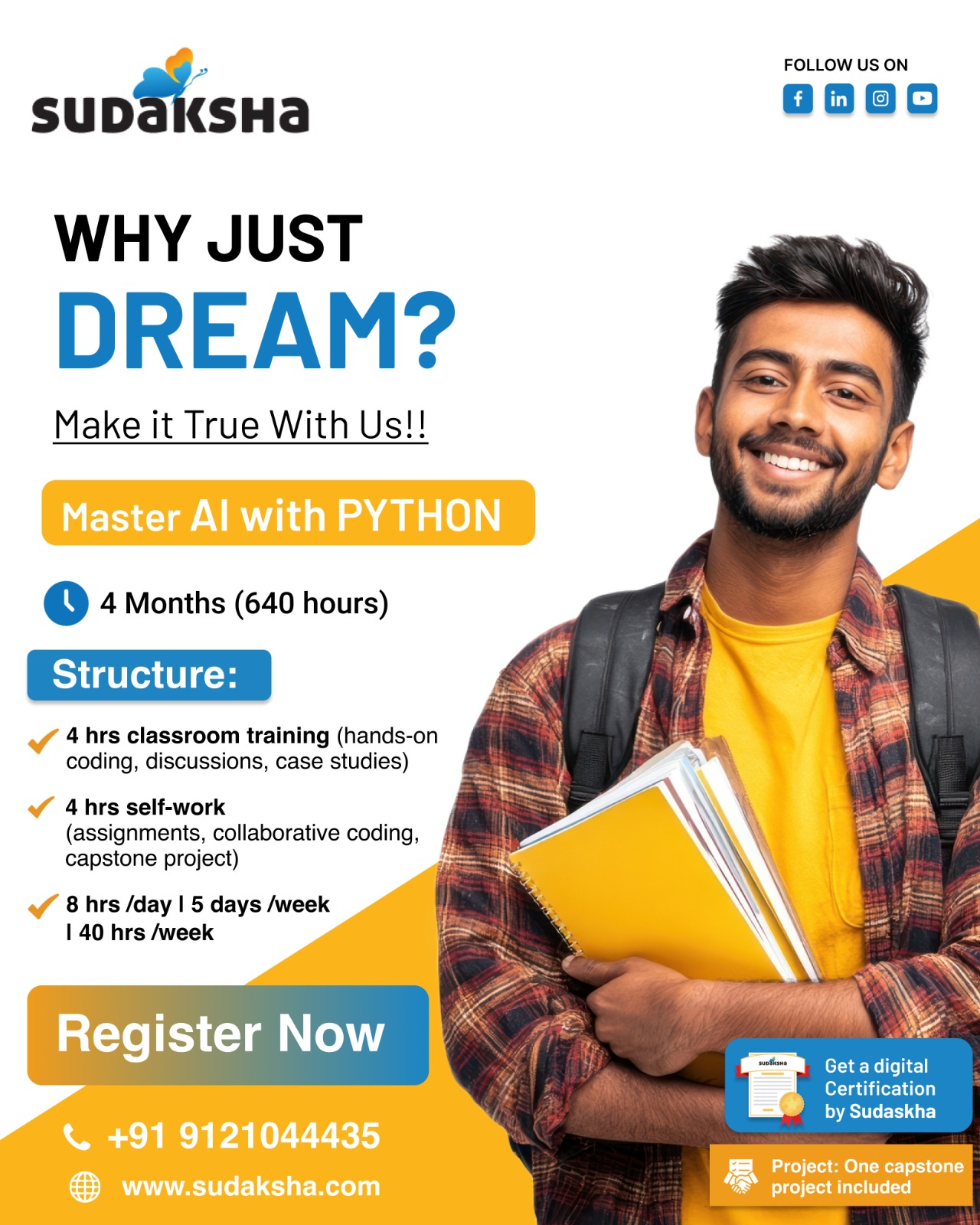 Why just dream of mastering AI?
Make it real with Sudaksha! 🚀
Become an AI Expert with Python in just 4 months (640 hrs) — with hands-on coding, real projects & expert mentorship.
🎓 Get certified & boost your career in AI/ML today!
👉 Register Now at www.sudaksha.com

#AIwithPython #Sudaksha #LearnAI #MachineLearning #CareerUpgrade #UpskillNow #TechFuture #PythonTraining #AITools #DigitalLearning