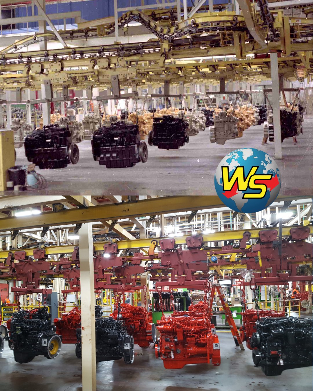 Two factory images show the evolution of an overhead conveyor system. The top photo features an older line with engines hanging from a yellow monorail, while the bottom shows a modernized version with red and black engines on updated carriers, highlighting system transformation.