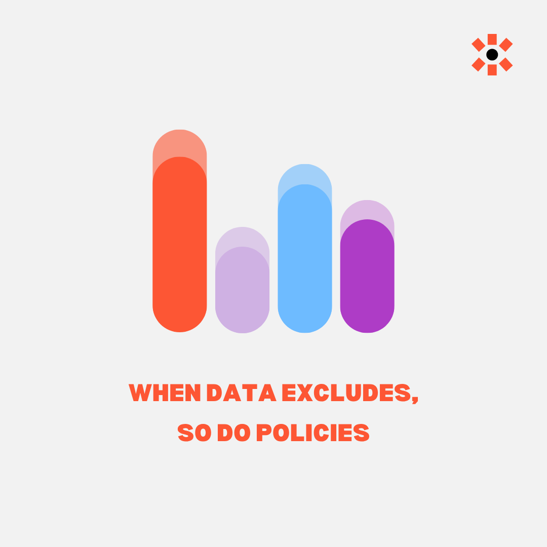Orange text reads ‘when data excludes, so do policies’. A purple, orange, and blue line graph sits above the text. 