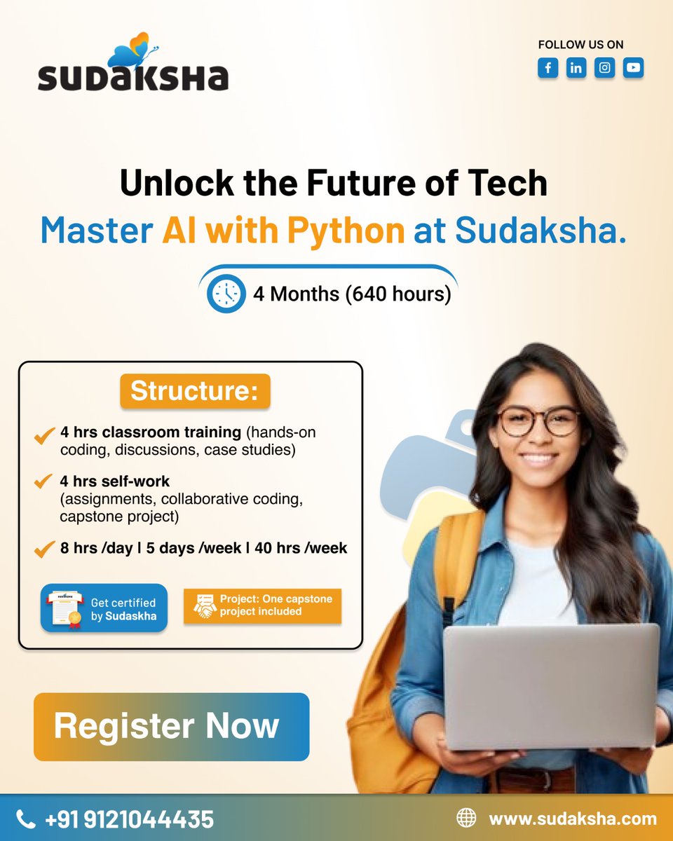 Unlock the Future of Tech!
Become industry-ready with Sudaksha’s AI with Python Program — a 4-month, hands-on training designed to help you master real-world AI skills.
🎓 Get certified | 💻 Learn from experts | 🔥 Build a capstone project

👉 Enroll today and start your AI journey!
Register Now! www.sudaksha.com

#AIwithPython #AIML #Sudaksha #TechCareer #LearnAI #PythonProgramming #UpskillNow #CareerGrowth #AITraining #FutureReady