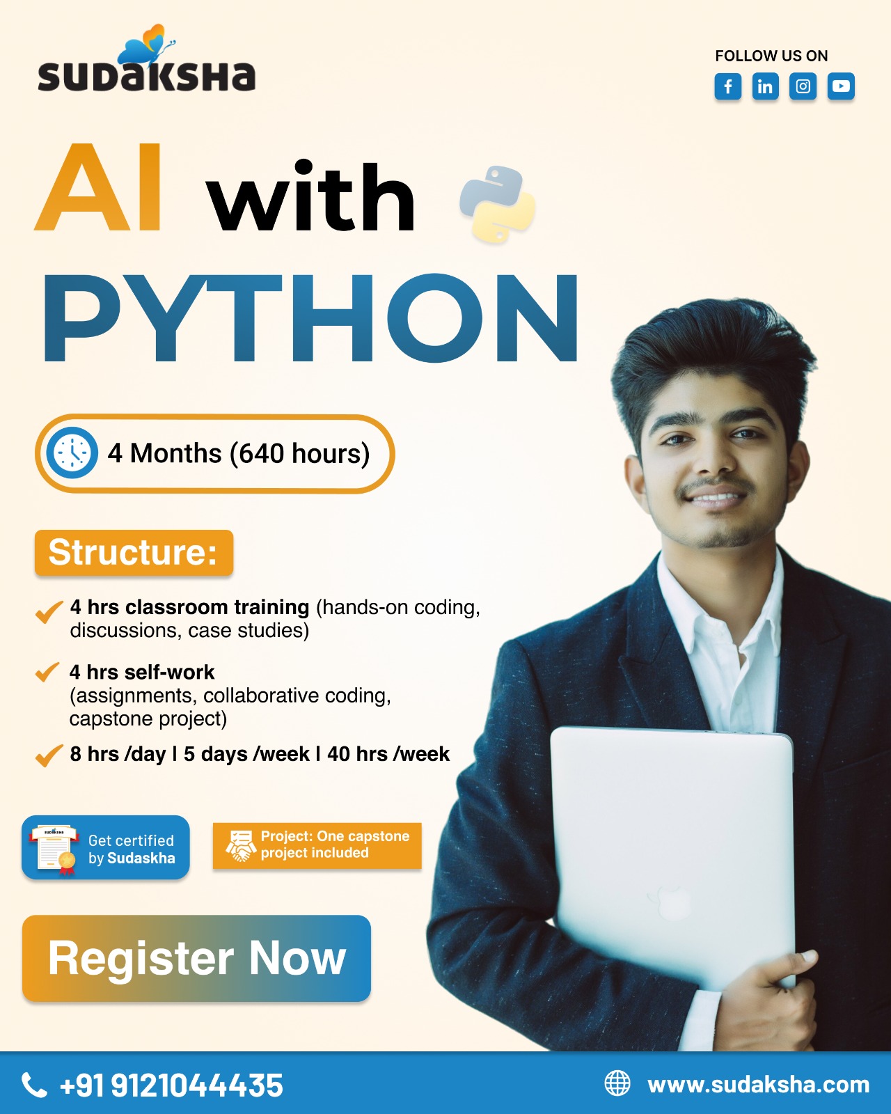 Become an AI Expert with Python!
Master real-world skills with Sudaksha’s 4-month intensive program—from hands-on coding to a full capstone project.
📚 Learn | 💻 Build | 🏅 Get Certified
Start your journey toward a career in AI today.

👉 Register Now – Limited Seats!
www.sudaksha.com

#AIwithPython #Sudaksha #ArtificialIntelligence #PythonTraining #CareerGrowth #TechSkills #UpskillNow #LearnAI #FutureReady