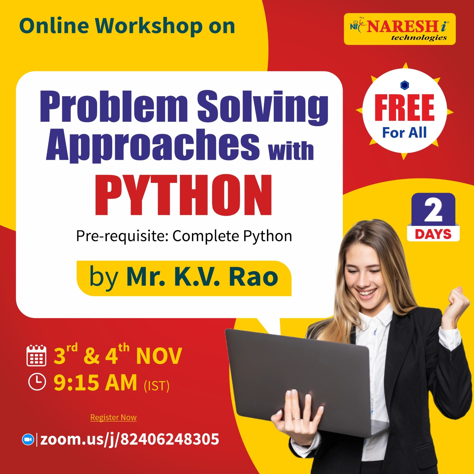 Free Online Workshop on Problem Solving Approaches with Python by Mr. K.V. Rao — Register Now: https://t.ly/FWSPSAP-3N