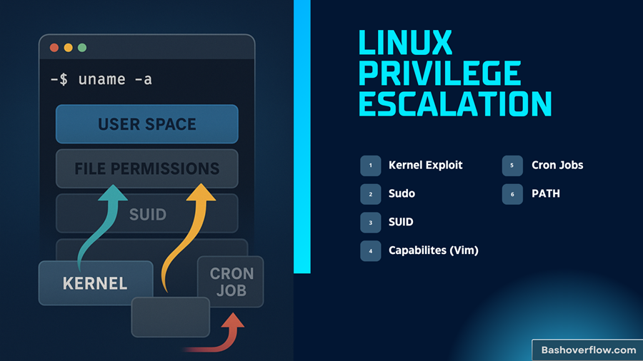 Linux Privilege Escalation:
Practical Guide to Kernel Exploits, Sudo, SUID, Capabilities, Cron Jobs, and PATH
Link: https://bashoverflow.com/linux-privilege-escalation-practical-guide-to-kernel-exploits-sudo-suid-capabilities-cron-472cff83bd9b