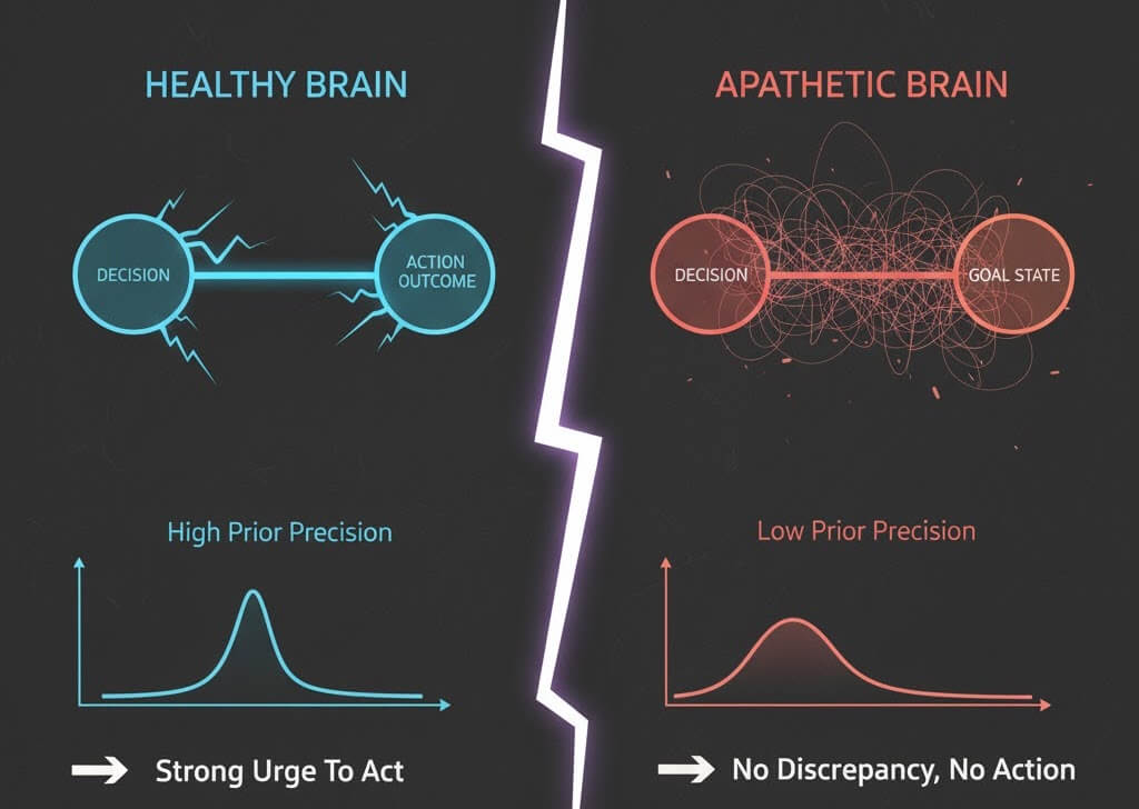 A side-by-side conceptual diagram. On the left, labeled "Healthy Brain," a bright, strong blue line connects a "Decision" node to an "Action Outcome" node, with an upward-pointing graph indicating "High Prior Precision" and a bold arrow stating "Strong Urge to Act." On the right, labeled "Apathetic Brain," a faint, diffused red line connects a "Decision" node to an "Action Outcome" node, with a flat, spread-out graph indicating "Low Prior Precision" and a faded arrow stating "No Discrepancy, No Action." A subtle, jagged break or disconnect separates the two sides in the middle, symbolizing the failure.