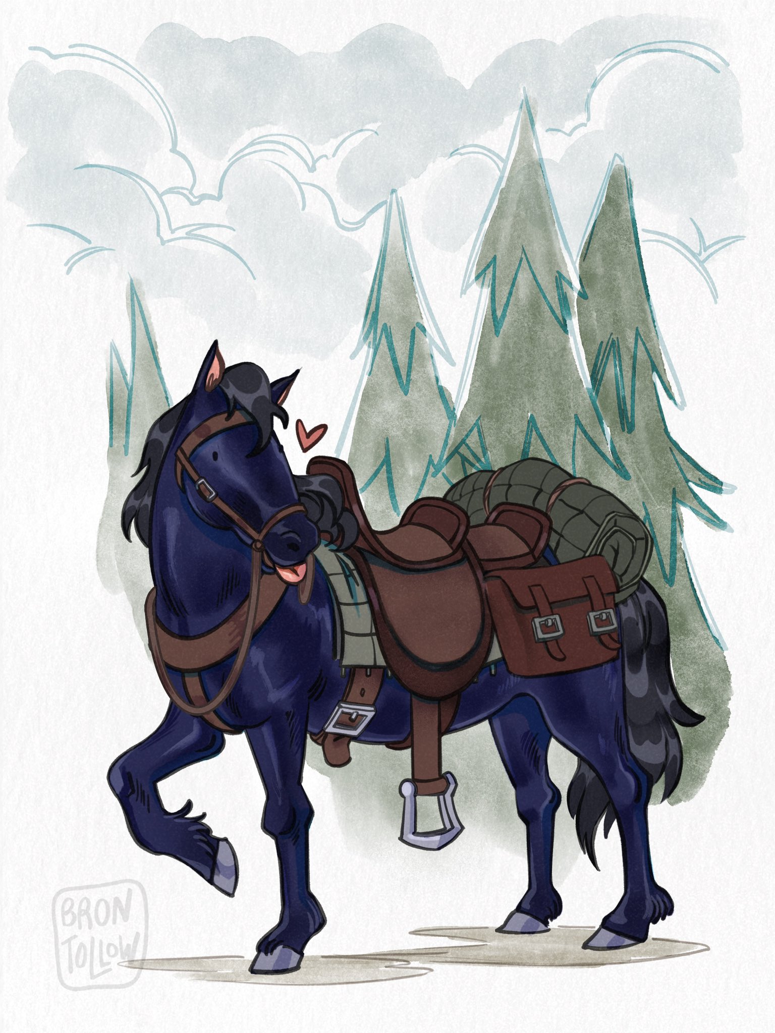 Midnight the horse is looking at us with a derpy expression on her face sticking her tongue out. She’s just being adorable