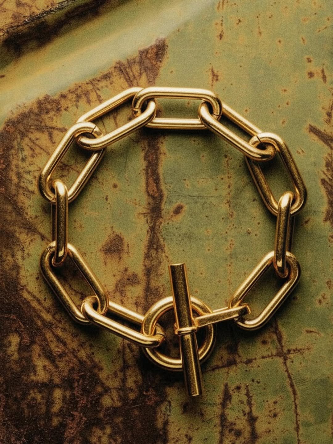 Gold chain bracelet with a toggle clasp resting on a weathered green and brown surface.
