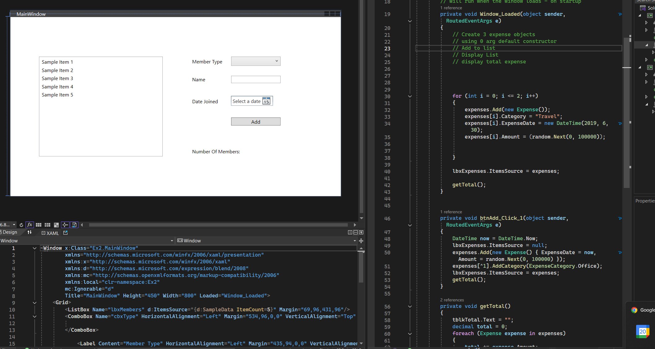A comprehensive screenshot of the Visual Studio IDE displaying a Windows Presentation Foundation (WPF) application under development. The view is multi-paned: the bottom-left shows the declarative XAML markup defining the UI, the top-left shows the visual designer's rendering of that UI, and the entire right-hand side displays the C# "code-behind" with event-handling logic for Window_Loaded and button clicks.