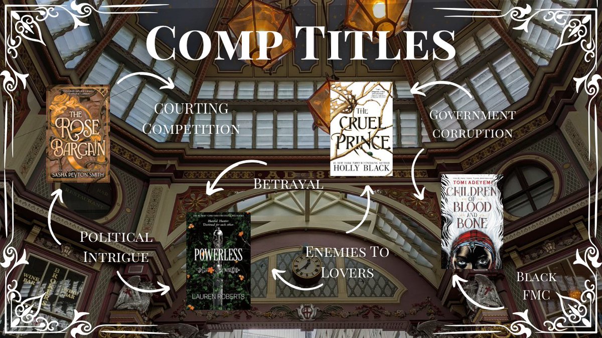 In an elegant Victorian building with large paneled wood windows, charming brown architecture, and warm ceiling lights: 

COMP TITLES

THE ROSE BARGAIN: courting competition, political intrigue
POWERLESS: political intrigue, bettrayal
CRUEL PRINCE: enemies to lovers, government corruption
CHILDREN OF BLOOD AND BONE: government corruption, Black FMC