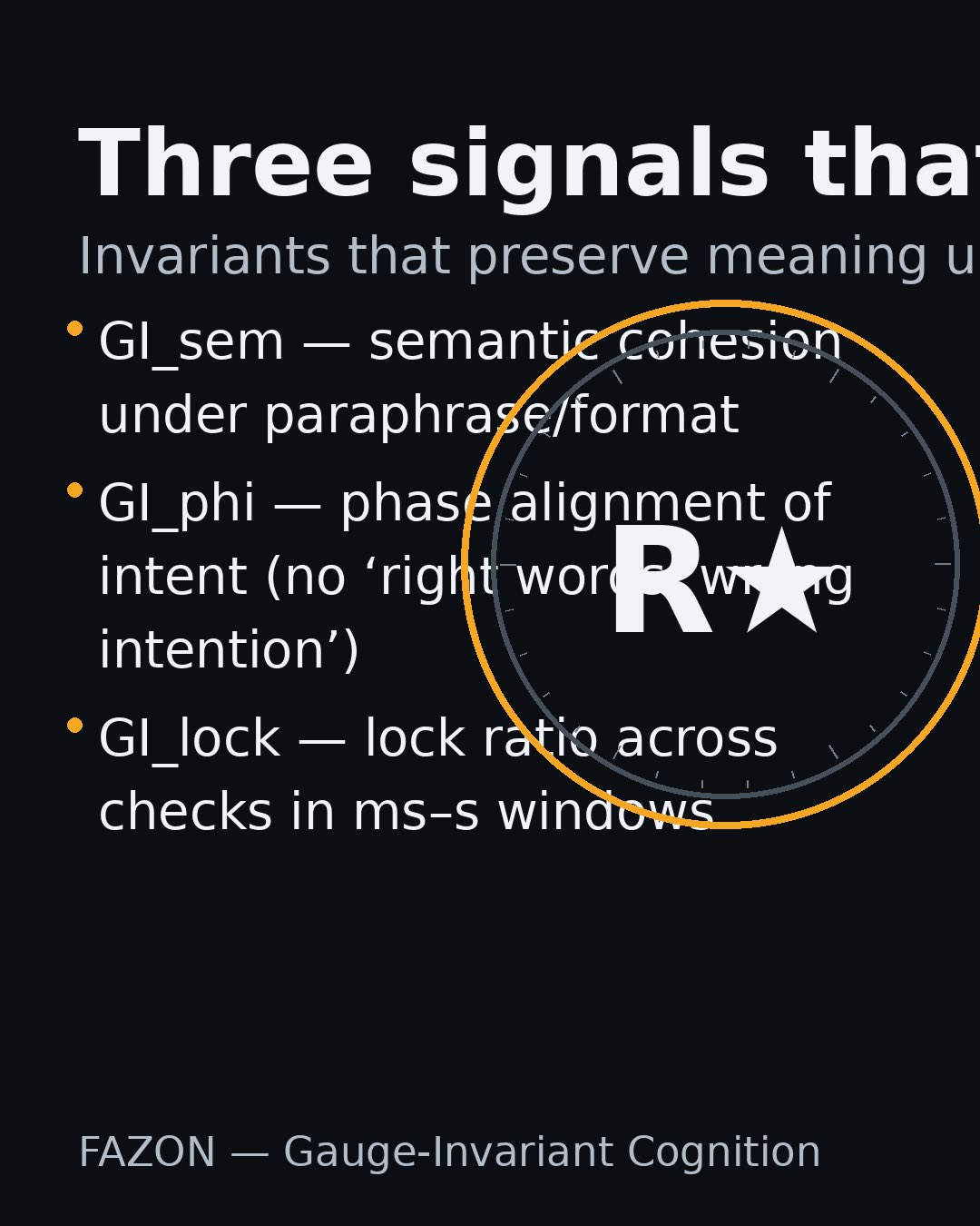 GI_sem — semantic invariance: meaning stays stable under harmless paraphrase/format/route; signals κ_s and PLSC; early semantic‑drift detection.