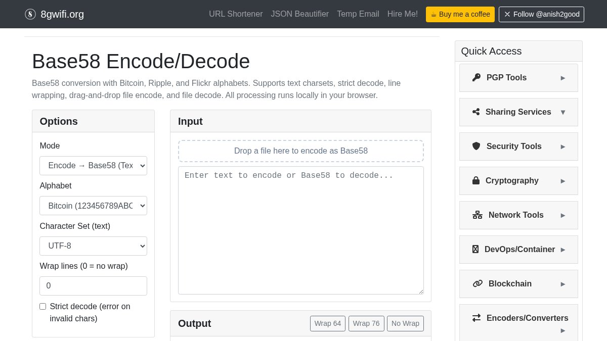 Base58 Encode/Decode Online โ Bitcoin/Ripple/Flickr