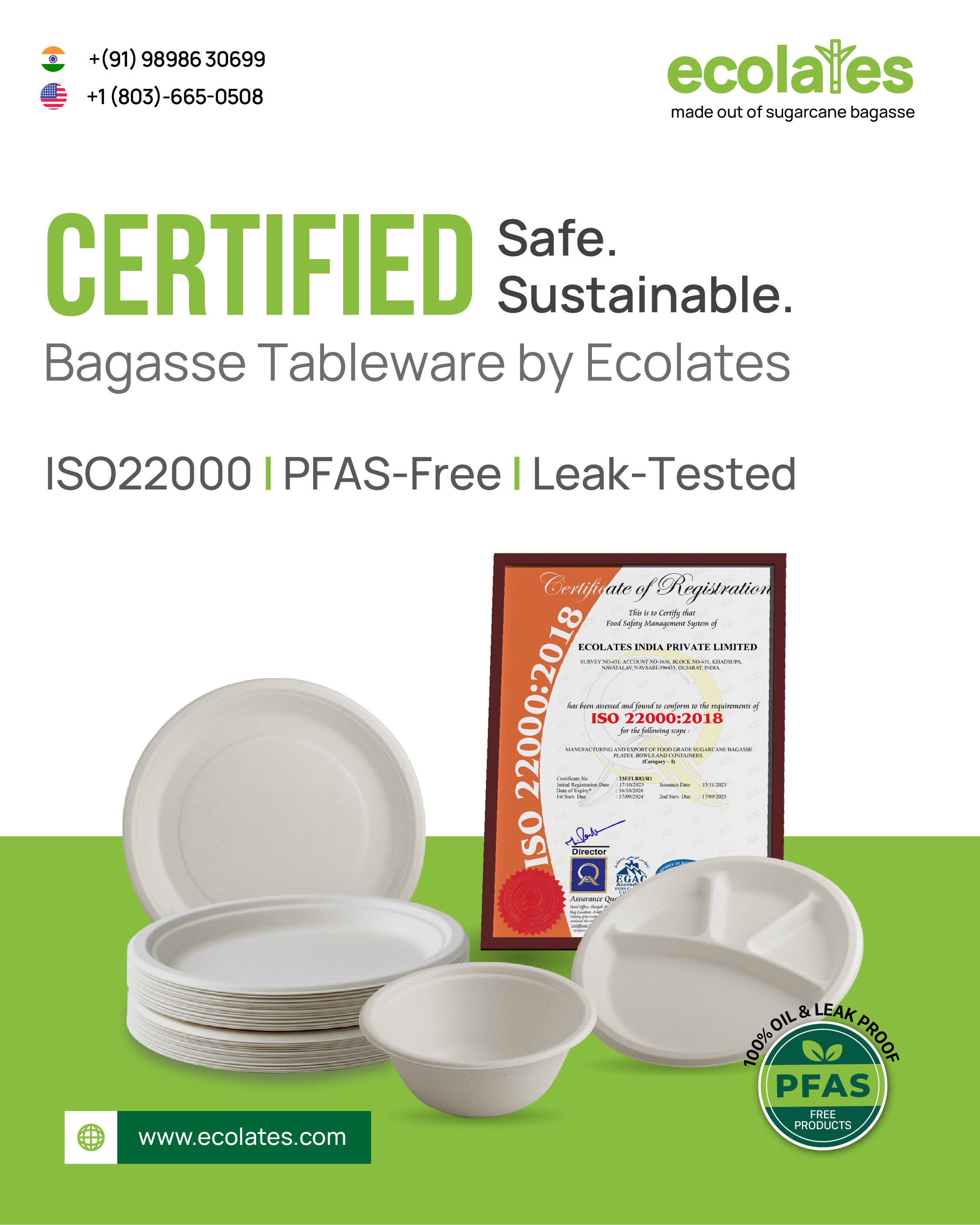 Promotional graphic showcasing Ecolates certified bagasse tableware with ISO22000 certification, PFAS-free and leak-tested labels, featuring biodegradable plates and bowls, a certification document, PFAS-free badge, and contact details with the Ecolates logo.