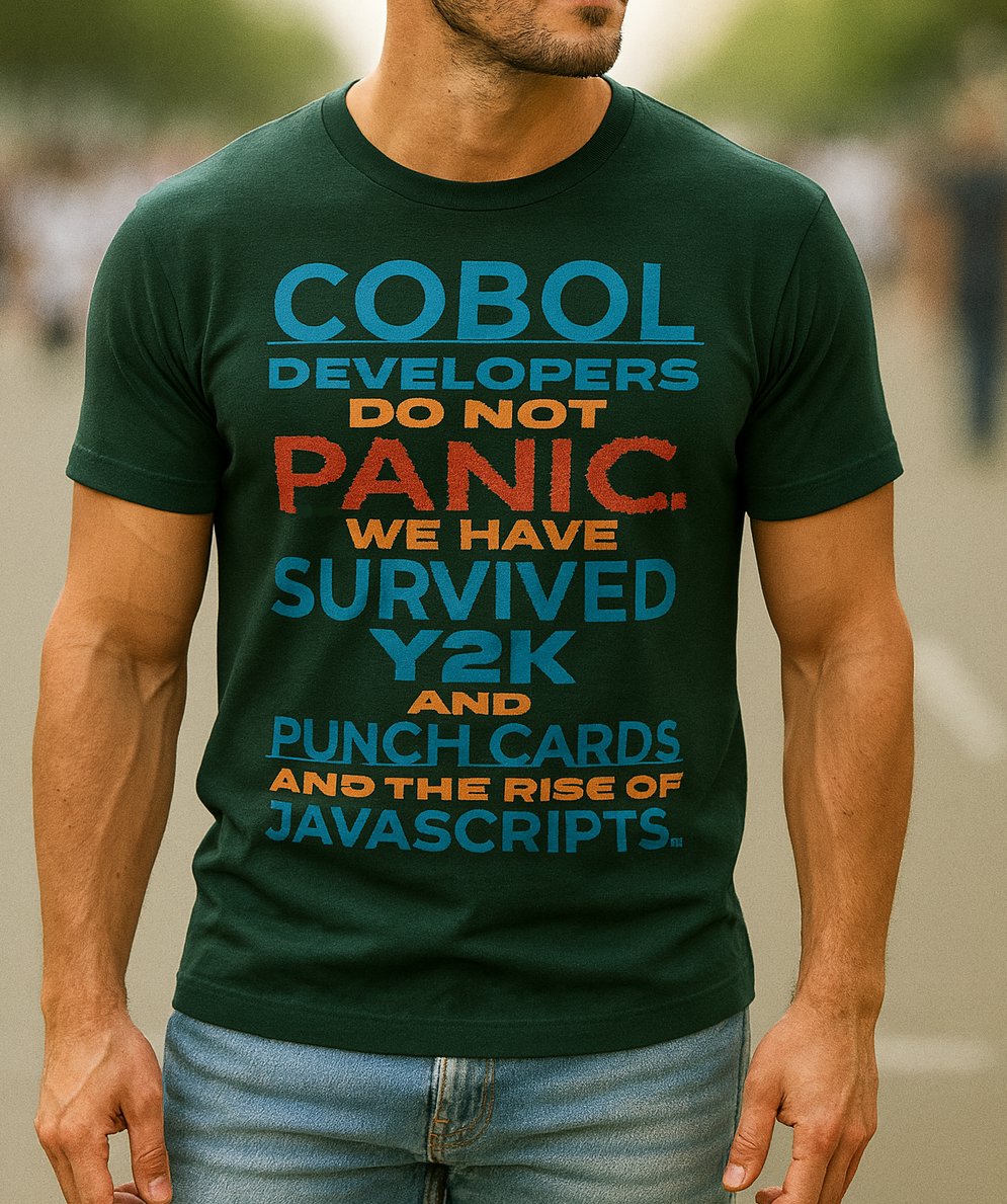 Celebrate old-school coding pride with this bold “COBOL Developers Do Not Panic – We Survived Y2K, Punch Cards, and JavaScripts” design! Perfect for programmers who lived through the early days of computing — and for today’s developers who appreciate vintage tech humor.