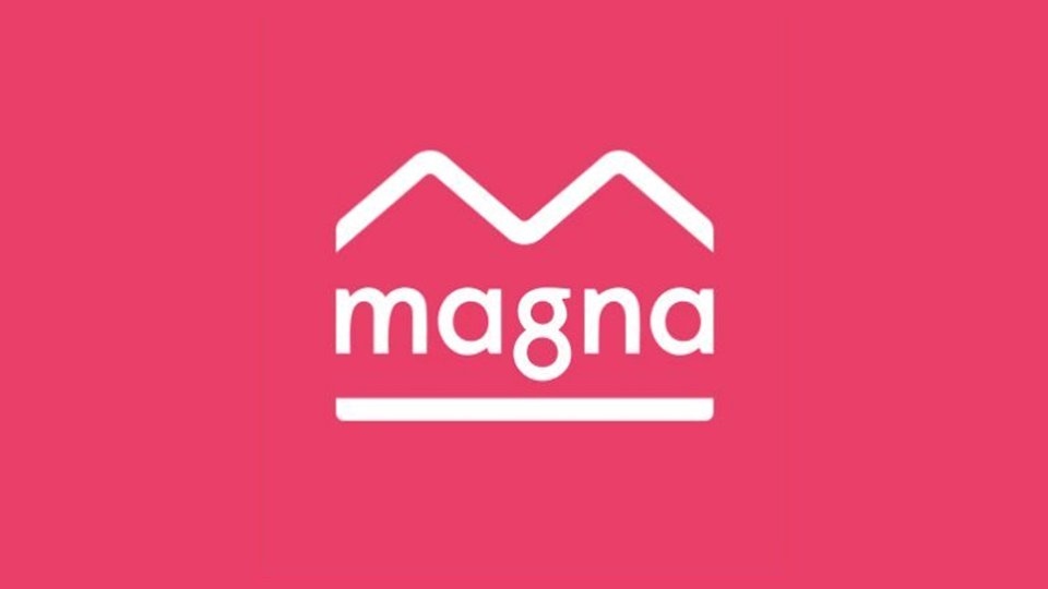 White stylized double peak logo above the word 'magna' on a solid pink background.