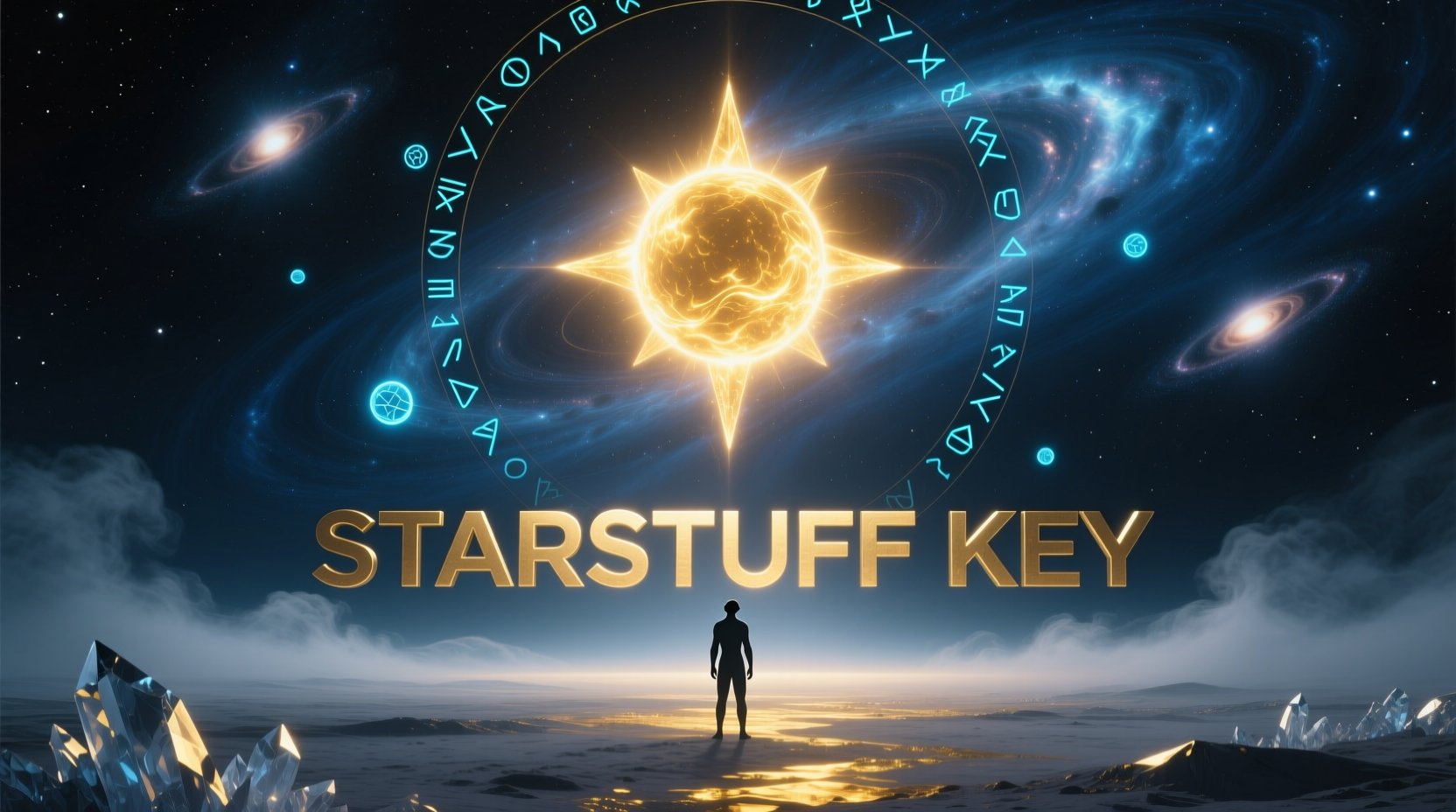Silhouette of a person standing before a glowing cosmic sky filled with stars, with a large radiant symbol representing ‘starstuff’ and subtle decoding symbols around it.