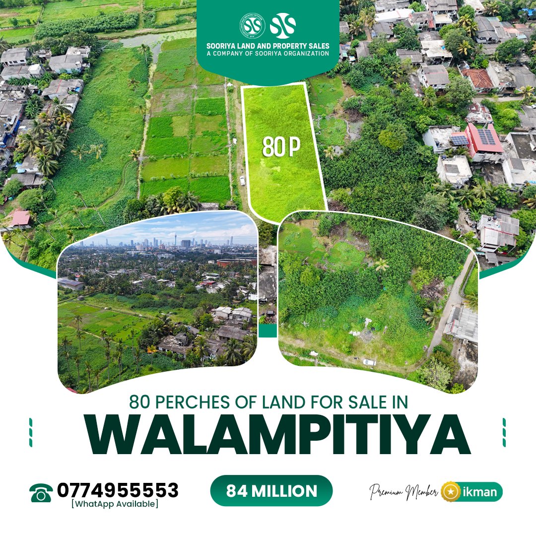 🚩 Prime-approved 80-perch development land in a fast-growing Colombo suburb, offering excellent road access and strong potential for housing or apartment projects with high future investment returns.

• 80 perches of land available for sale in Kotuwila, Wallampitiya
• 200m to Welewatta Road with 15 ft–20 ft wide access road
• 850m to Sedawatta – Ambatale Road and 1 km to Orugodawatta – Ambatale Road
• Development approvals already obtained from Kotikawatta – Mulleriyawa Municipal Council
• Suitable for land subdivision, housing development, or apartment projects
• Kindly note: The land is located in a flood-affected area, suitable for elevated or planned developments

🔴 Price: Rs. 84 Million (Negotiable)

Call now! 0706955553/0774955553 [WhatsApp Available]

See more on ikman: https://ikman.lk/en/ad/land-for-sale-in-wallampitiya-for-sale-colombo

#SooriyaLandSale #RealestateInvesting #Realestate #Realtor 