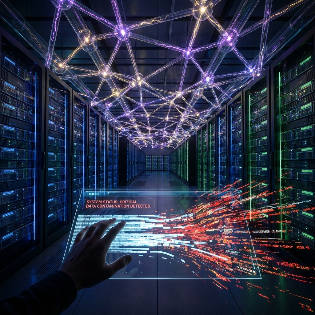 Generated with Nano Banana (gemini-3-pro-image-preview). Prompt: Photorealistic cinematic still. An award-winning epic wide shot of a hyper-futuristic, colossal data center, vast server racks glowing with deep blues and metallic greens stretching endlessly. Above and through the architecture, a radiant, interconnected quantum neural network pulses with electric purple and gold energy, representing autonomous AI agents. A singular, shadowed human hand delicately hovers near a holographic interface at the foreground, where streams of clean data are visibly contaminated with fragmented, glitching "slop" data flowing outward. Dramatic high-contrast lighting creates a tense, awe-inspiring atmosphere. Ultra-high resolution, hyperdetailed, professional photography, 8k. Cybernetic, digital vortex, fragile control, pervasive risk.
