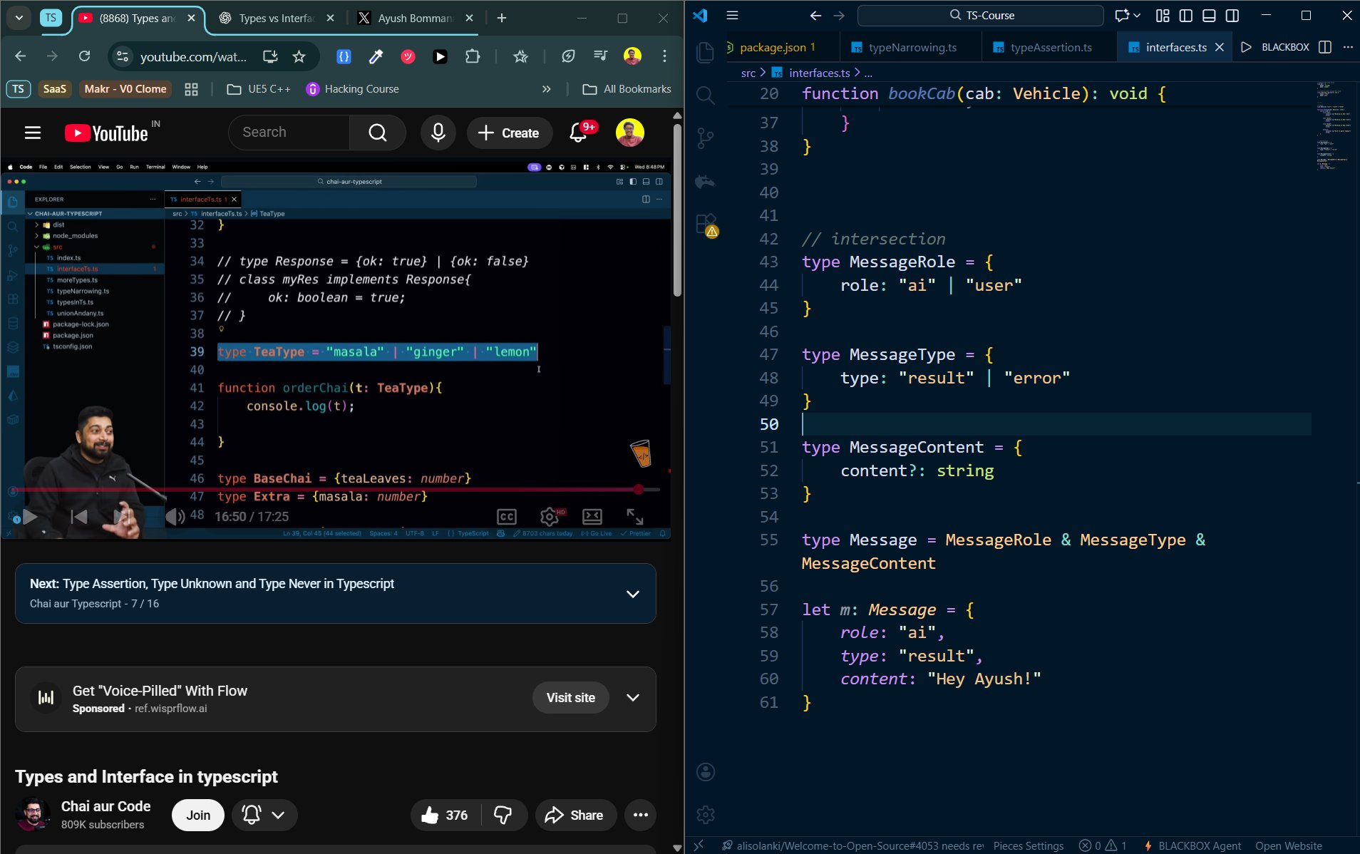 Screenshot of the lecture along with my code