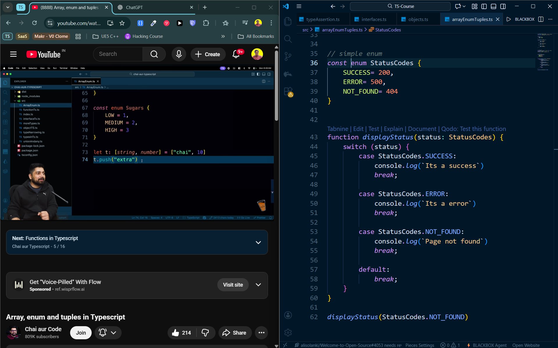 Screenshot of the lecture along with my code
