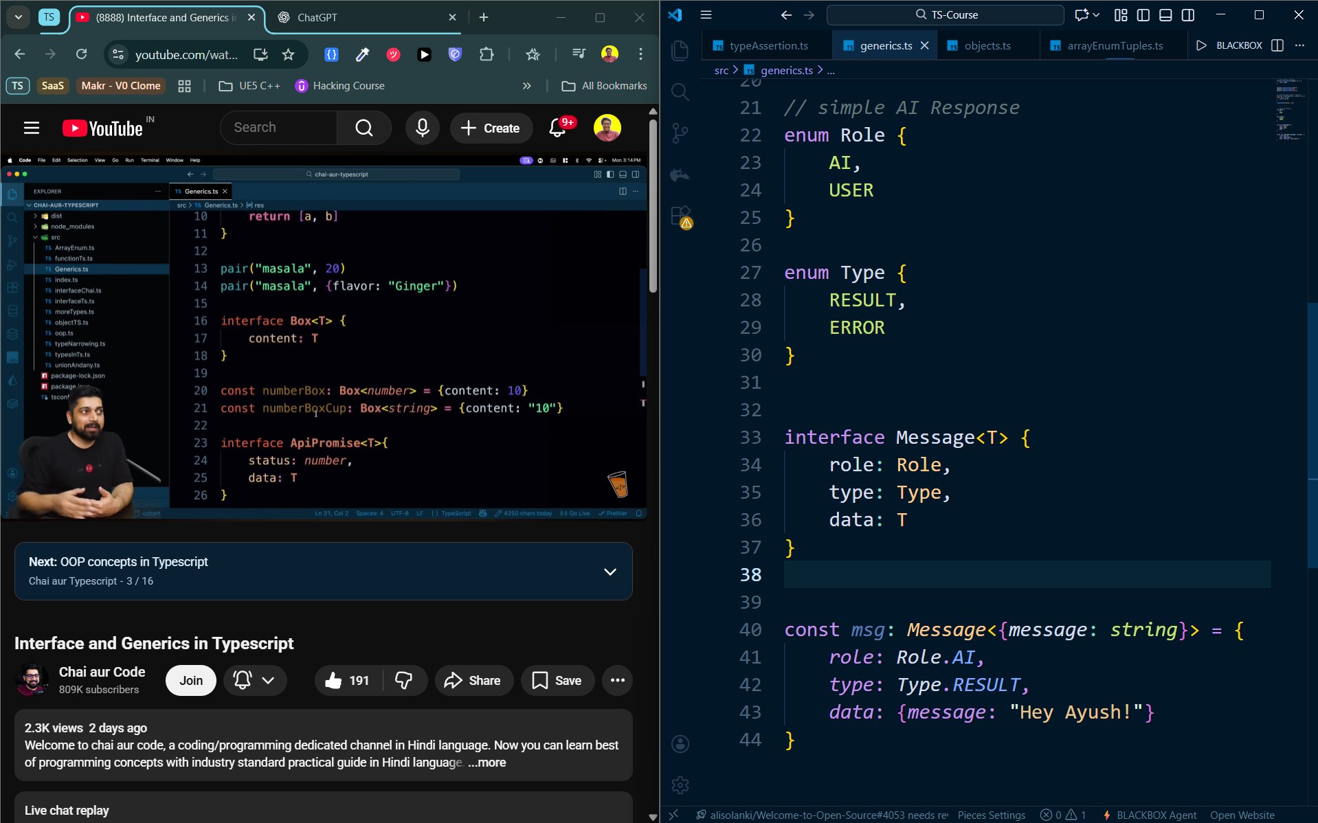 Screenshot of the lecture along with my code