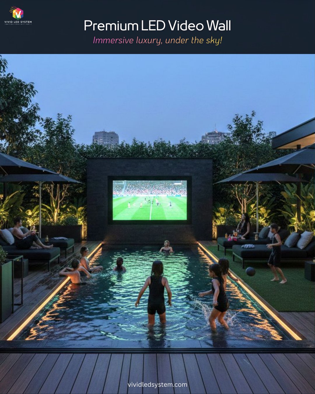 A Led video wall is installed near poolside of a luxury villa. It is a outdoor led video wall that showcases family time, entertainment and private memories. The video wall is installed by Vivid LED system at Coimbatore in a spacious villa.
