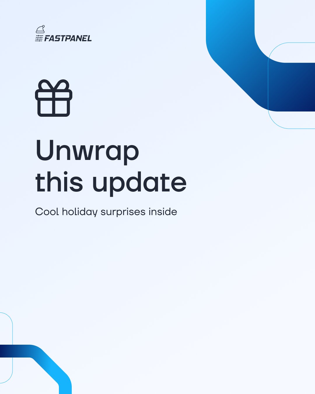 FASTPANEL control panel update announcement featuring new File Manager search functionality and Christmas 25% discount promotion