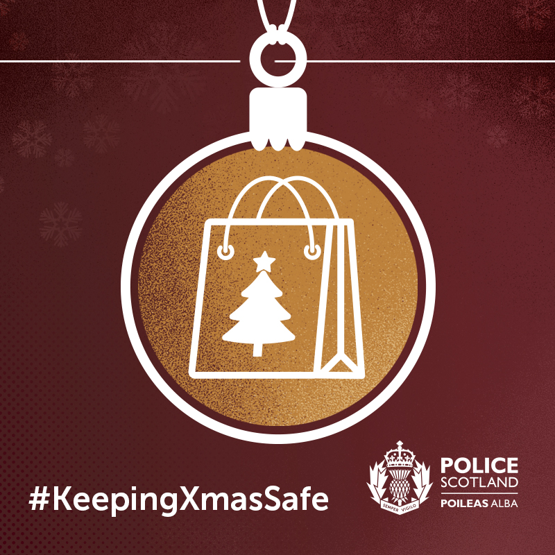 On a rich red background, an orange Christmas tree bauble has the icon of a row of shopping bags. Text reads "#KeepingXmasSafe" alongside a Police Scotland logo.