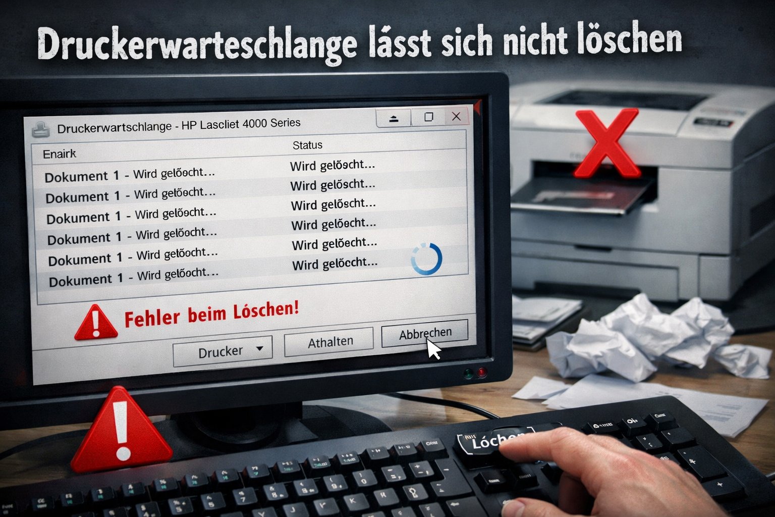Ein nicht funktionierender Drucker wirkt auf den ersten Blick wie ein kleines Problem, kann aber im Alltag oder im Büro schnell große Auswirkungen haben. Besonders kritisch wird es, wenn der Drucker zwar eingeschaltet ist, aber nichts mehr ausdruckt und sich gleichzeitig die Meldung zeigt, dass die Druckerwarteschlange lässt sich nicht löschen. Dieses Problem gehört zu den häufigsten Druckerfehlern unter Windows und betrifft sowohl private Nutzer als auch Unternehmen.
In diesem Artikel erfahren Sie warum dieses Problem entsteht, welche Nachteile es mit sich bringt, was Sie auf keinen Fall tun sollten, und wie Sie die Druckerwarteschlange richtig, dauerhaft und sauber beheben.
