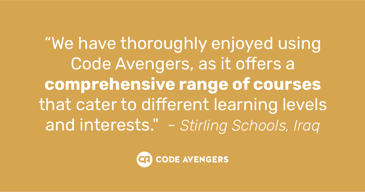 Stirling Schools Iraq testimonial for Code Avengers, praising the comprehensive range of courses for different learning levels and interests.