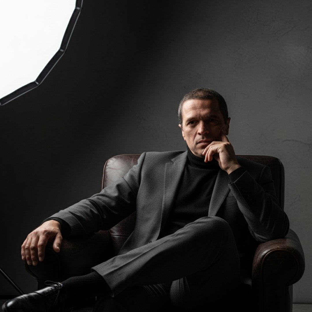 Fran Cabrera posando bajo un foco sentado en un sollón