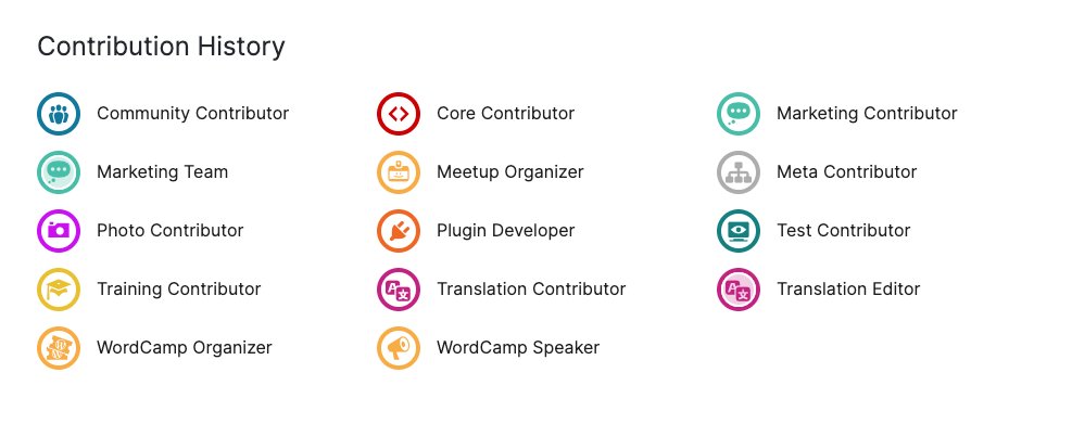 a screenshot of the section "Contribution History" on a wordpress.org profile display a list of diverse teams the person has contributed to