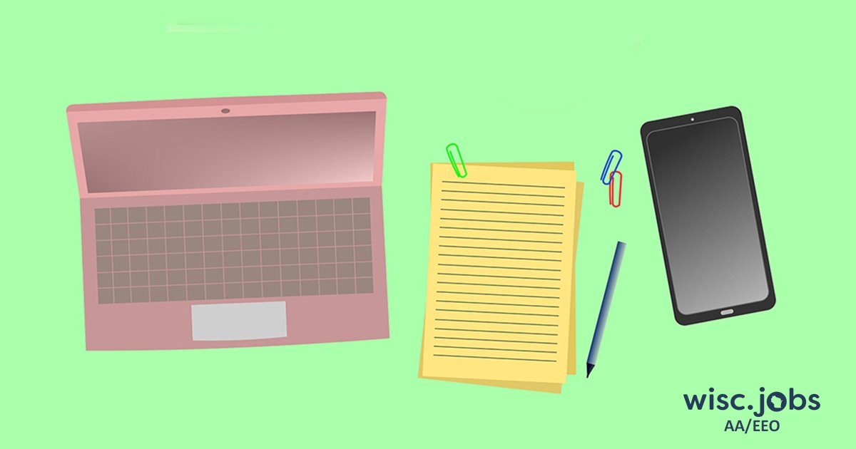 Image: Illustrated laptop, papers, pencil, cell phone and paperclips; Wisc.Jobs AA/EEO