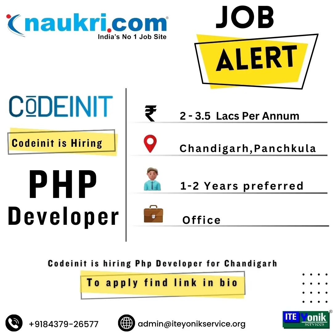 @codeinit_ is hiring #php_developer
Resource credit @naukridotcom
Job Alerts by @iteyoniks_training_internships
https://t.ly/he7Q6
#Iteyoniks #jobalert
#Naukri #Indeed #kotaklife #careeropportunity
#jobsearch #employment #hiring #jobhunt JobAlert
#Hiring #CareerOpportunity #NowHiring #JobOpening
#JobSearch #Jobs #JobSeekers #CareerSearch #Recruitment #joblisting #JobFair #jobs #jobsearch #job #hiring #jobseekers #jobvacancy #jobposting #applynow #vacancy