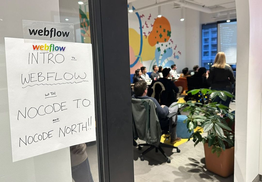 Sign on the door reading Intro to Webflow with NoCode TO and NoCode North