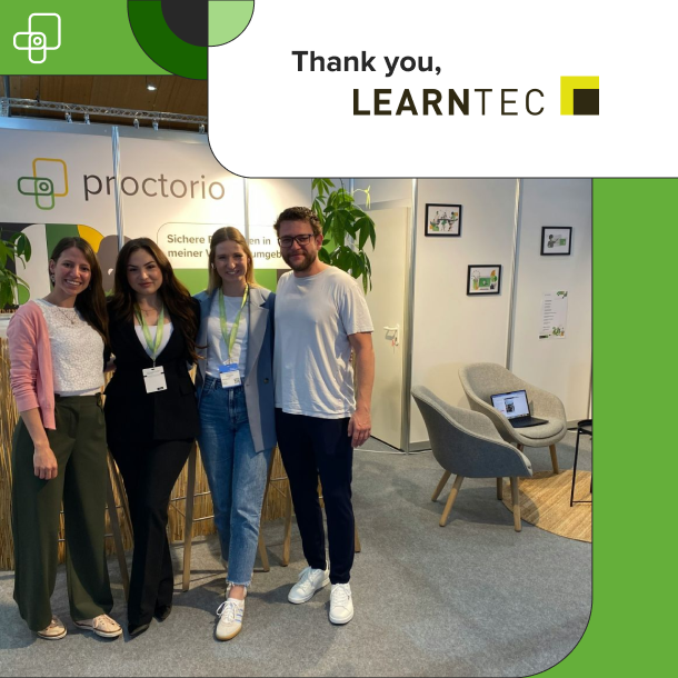 Proctorio thank you graphic: Proctorio employees standing in front of LearnTec booth; "thank you learntec", Proctorio and Learntec logos