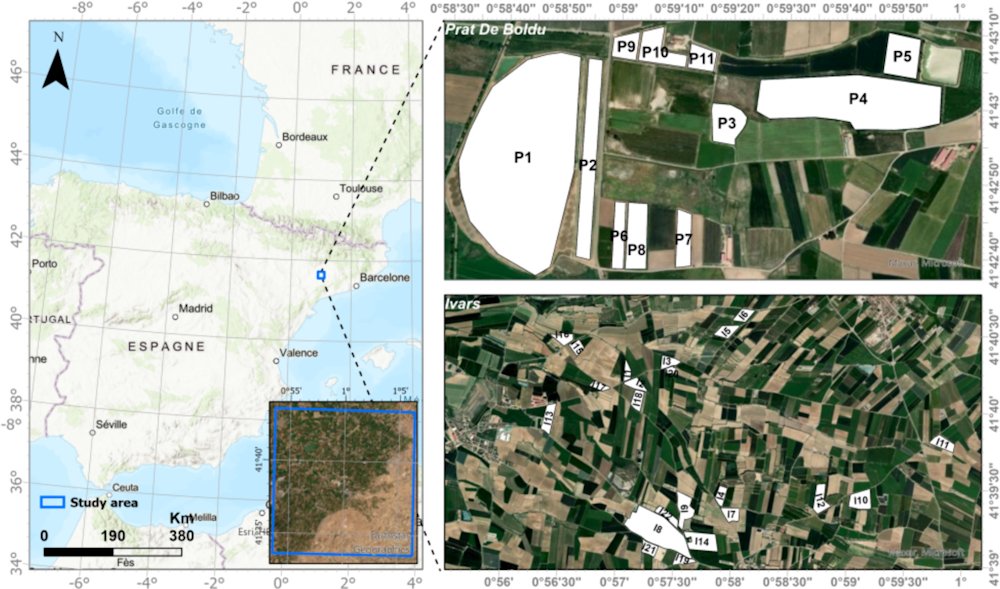 Localisations des deux sites, Prat De Boldu et Ivars (cartes à droite), dans la zone d’étude (délimitée par le rectangle bleu sur la carte de gauche) dans le bassin de l’Èbre en Catalogne, Espagne. (Pour l’interprétation des références à la couleur dans la légende de cette figure, le lecteur est renvoyé à la version Web de cet article.) © Reference