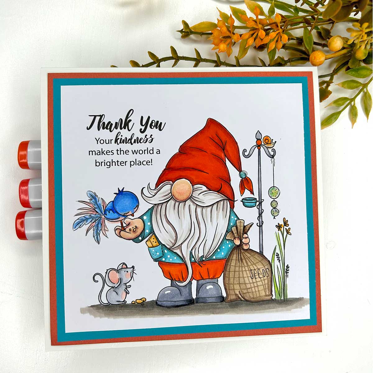 Cute Gnome feeding bird and mouse bundle digital stamp printable for card making, crafting