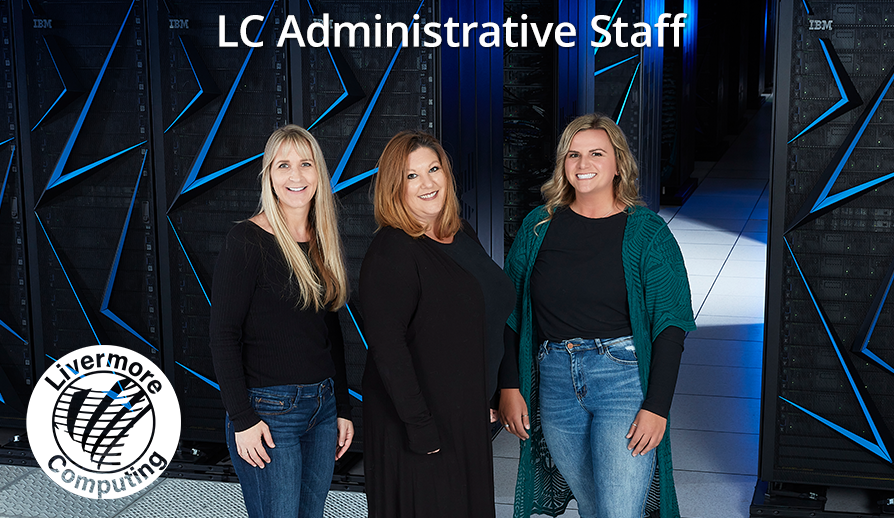 Three people standing in front of Sierra with LC logo and text overlay: LC Administrative Staff