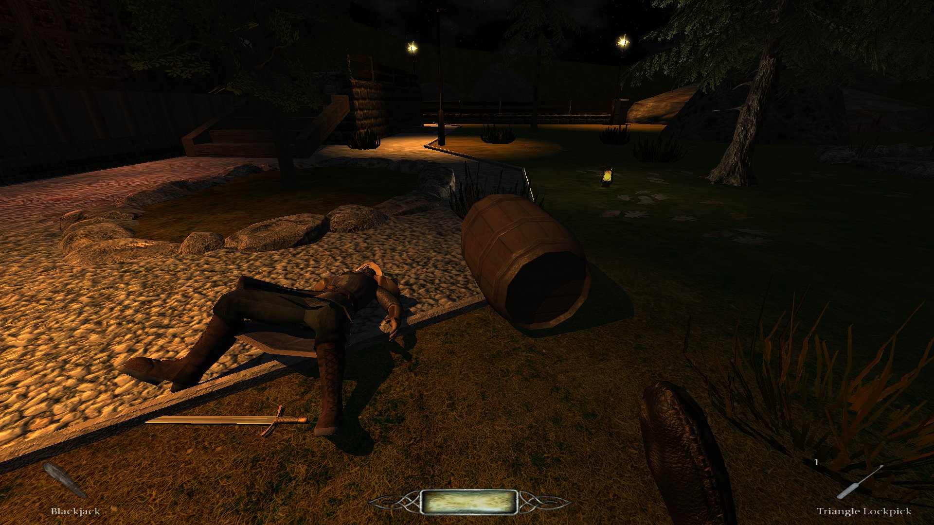 Darkmod screenshot from "Hidden Hands: Vitalic Fever" by Jack Farmer.
One of the guards lies unconscious in the grounds, having had a large barrel dropped on his head.  The barrel lies ominously next to him 