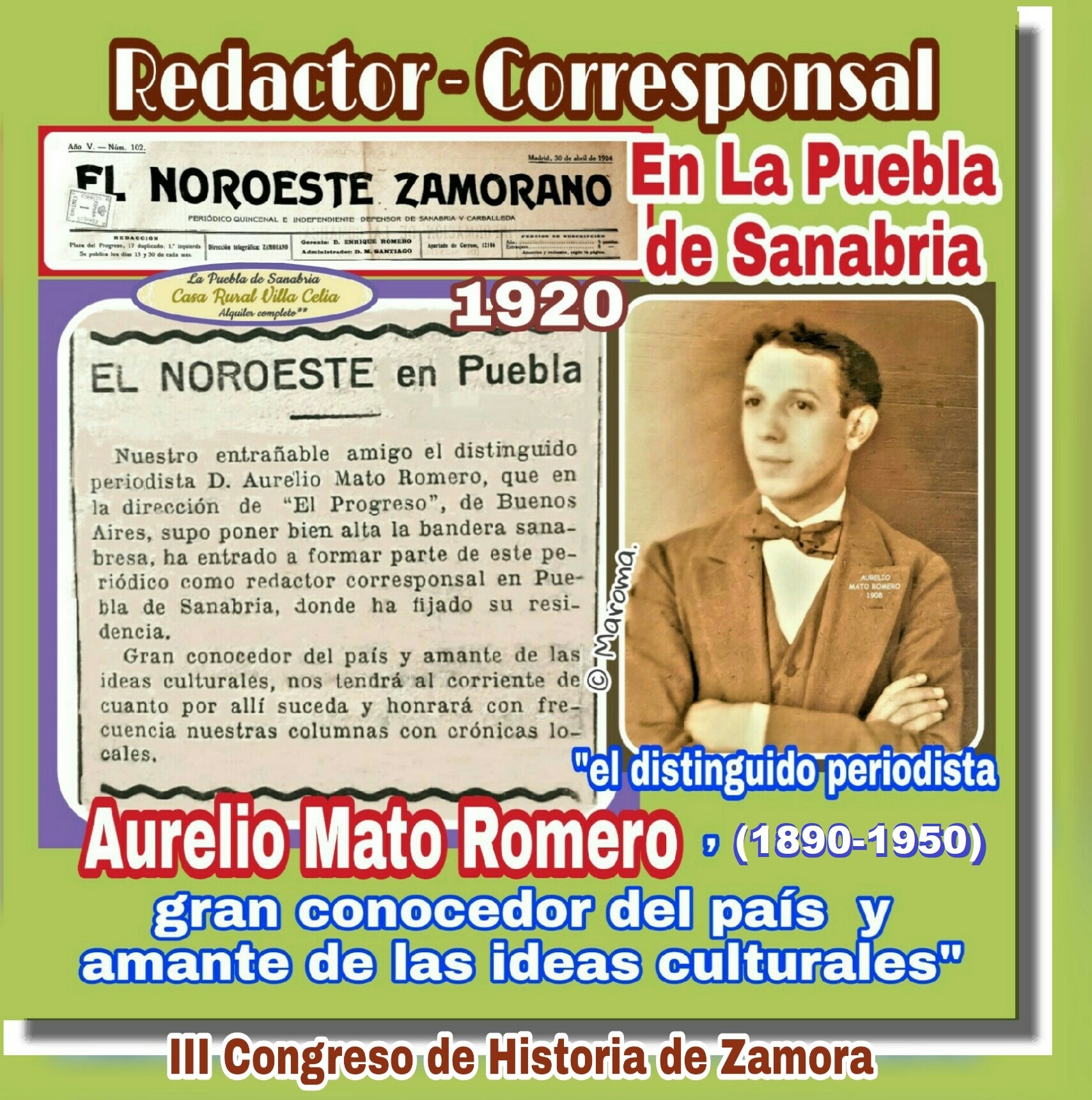 La fecha de nacimiento de mi abuelo Aurelio Mato Romero, #AurelioMatoRomero, Redactor-Corresponsal de "El Noroeste Zamorano", #ENZ, está confundida, es 1890, que corrijo con esta foto.

Sera gerente, director y responsable en la 2ª etapa del periódico #ENZ.

https://www.facebook.com/photo?fbid=1588352972798989&set=a.488556737997104

https://www.facebook.com/media/set?set=a.488556737997104&type=3